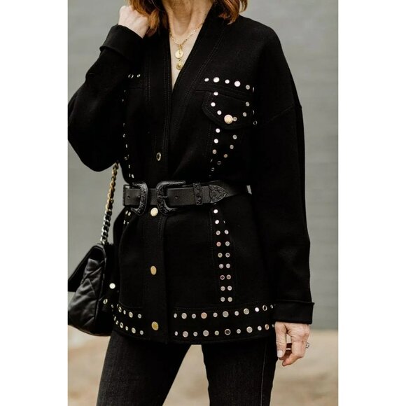 Sandro Paris Bamo Studded Sweater Black Gold Mirrored Embellished Oversized - Picture 2 of 15